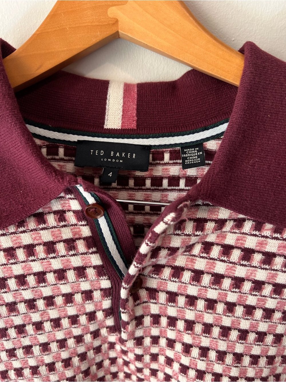 Men’s Ted Baker Burgundy and White Check Knit Polo - Picture 2 of 4
